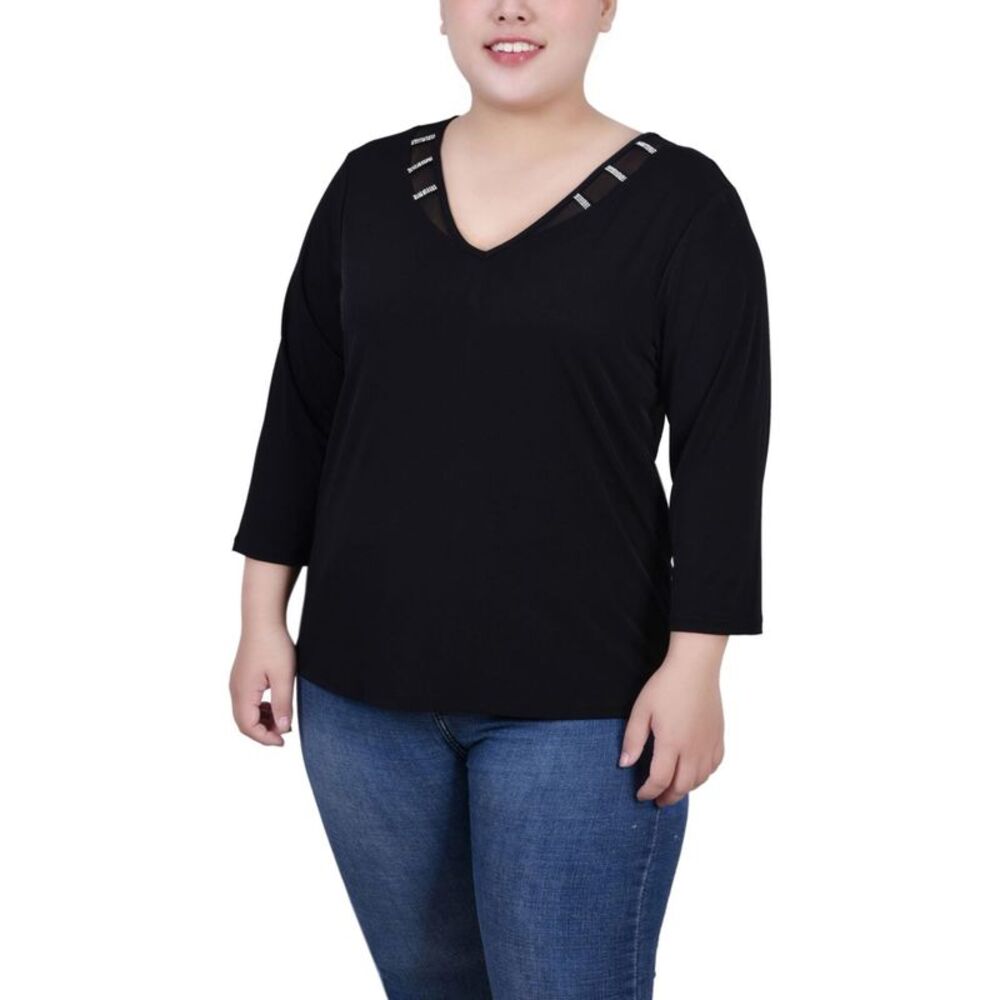 NY Collection Womens Illusion Neckline Tunic Blouse, Black, Plus Size, 1X, DM